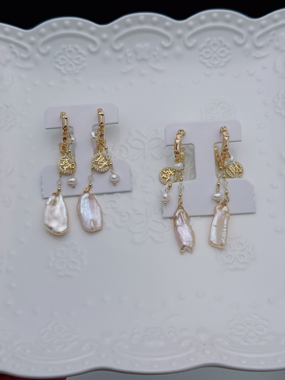 26E299 Handmade Freshwater Baroque Pearl Dangling Earrings Flower Petal Pearl - Picture 8 of 10